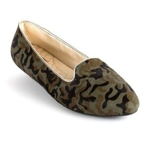 Birdies, “The Blackbird” in camo calf hair, flats, size 6